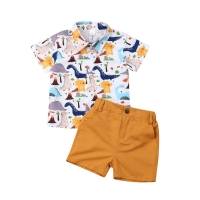 Gentleman Dinosaur Outfit Set for Toddler Boys - T-shirt, Pants, and Shorts Included in Yellow for Summer Season.