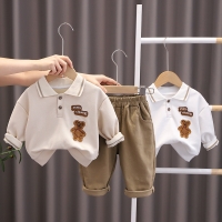 Boys' Bear Cartoon Clothing Set: Pullover and Pants - Autumn Style, 2 Pieces, Cotton Fabric, Kids and Infants Outfits.