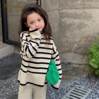 Striped Knitted Turtleneck Sweater for Baby Girls (1-10y) - Loose Fit, Ideal for Autumn, Winter, and Spring Seasons
