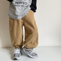 Boys' Autumn Cotton Cargo Pants with Wide Loose Legs and Pockets