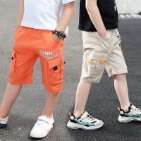 Boys' Elastic Waist Summer Shorts - Solid Color with Cartoon Letters - Ideal for Casual or Sports Wear.
