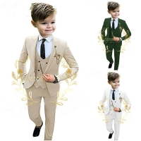Beige 3-Piece Suit for Boys: Jacket, Pants & Vest | Customizable Costume for Weddings & Parties | Ages 3-16