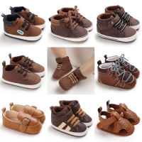 Multicolor Soft Sole Newborn Sneakers for Boys and Girls - Anti-Slip Casual Baby Shoes - First Walking Shoes in Brown Theme.