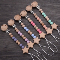 Beech Wood Pacifier Clip with Chew Beads and Pentagram Soother Chain for Teething Babies.