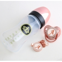 Rose Gold Baby Bottle and Pacifier Set (240ml) with Chain Clip and Bling Pacifier Kit (26 Letters) - BPA-Free