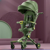 Compact 4-wheel baby stroller for sitting and lying in both directions with viewing panel - portable and multifunctional.