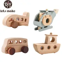 Wooden Toys Plane Helicopter Bus Boat Montessori Education Toys for 1 Year Old Wooden Transportation Blocks Cartoon Cat Toys