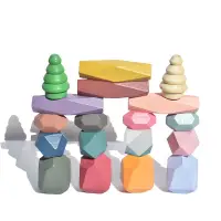 18 Pcs Wooden Stacking Rocks Building Blocks, Colored Solid Wood Stones Pre-School Educational Games Toys for Kids Toddlers