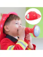 This is a toy wearing a safety helmet and a firefighter hat, pretending to play the role of a fire captain