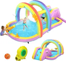 Inflatable Water Slide w/Climbing Wall, Water Cannon, Basketball Hoop, Kids Water Slide Bounce House w/Arch Sprinklers, 30s Blow
