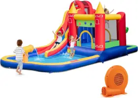Inflatable Water Slide, Mega Water Park Bounce House Waterslide Combo for Outdoor Fun w/750W Blower, Splash Pool, Blow up W