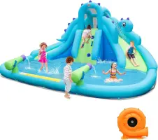 Inflatable Water Slide, Dinosaur Kids Waterslide Park for Outdoor Dual Slides for Racing Fun, Climbing Wall, with 584W Blower