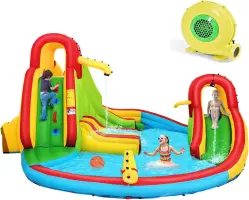 Inflatable Water Slide With 480W Blower, 8 in 1 Water Park Waterslide Inflatables with 2 Slides, 2 Climbing Walls, Water Cannon