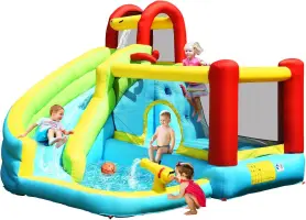Inflatable Water Slide, Water Park Waterslide Inflatables w/Jumping Bouncy Castle, Long Slide, Climb Wall & Splash Pool, Blow up