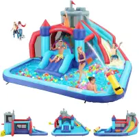 Inflatable Water Slide Bounce House for Kids,10-in-1 Double Slides Water Park with Ball Shooting, Climbing Wall, Jumping and Spl