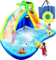 Inflatable Water Slide Bounce House for Kids, 8 in 1 Blow Up Water Park with 450W Air Blower, Double Water Cannon, Climbing Wall
