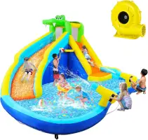 Inflatable Water Slide Water Park Bounce House with Slide, Paddling Pool, Climbing Wall, Water Cannon Bouncy Castle Blow Up Wate