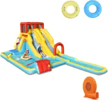 Inflatable Water Slide, Double Long Slides Giant Water Park Waterslide Inflatables with Climbing Wall & Splashing Pools, Outdoor