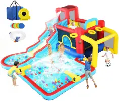 Water Slide Bounce House, Inflatable Water Slide Park with Blower, Family Backyard Jumping Castle Pool Bouncy House, Premium Qua