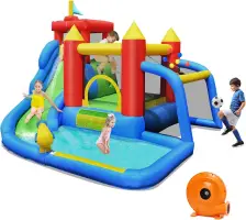 Inflatable Water Slide with 750w Blower, 7-in-1 Toddler Giant Blow Up Bouncy Water Park w/Soccer Ball Gate, Water Bounce House