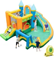 Inflatable Water Slide, 9 in 1 Water Park Bounce House Combo for Outdoor Fun w/735w Blower, Splash Pool, Climbing Wall, Blow up