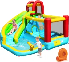 Inflatable Water Slide, 6 in 1 Water Bounce House with Slide Wet Dry for Kids Backyard Fun w/550w Blower, Splash Pool, Wate