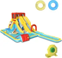 Inflatable Water Slide, Double Long Slides Giant Water Park Waterslide Inflatables with Climbing Wall & Splashing Pools, Outdoor