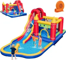 Inflatable Water Slide with 750w Blower, 9 in 1 Waterslide Bounce House Water Park w/Splash Pool, Ball Pit with 50 Balls