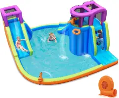 Inflatable Water Slide Park 750W Air Blower, 15x14.5FT Mega Kids Waterslide Outdoor w/Dual Slides&Climbing for Racing Fun
